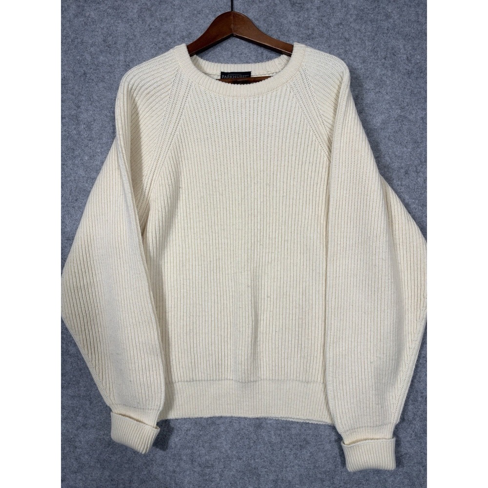 Parkhurst Cream Ribbed Knit Sweater Large Acrylic Raglan Crewneck Made in Canada
